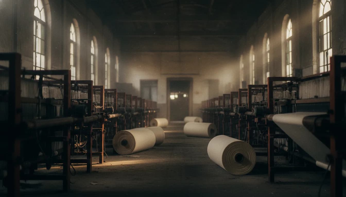 Cotton mill interior with looms and rolled fabric in Ahmedabad