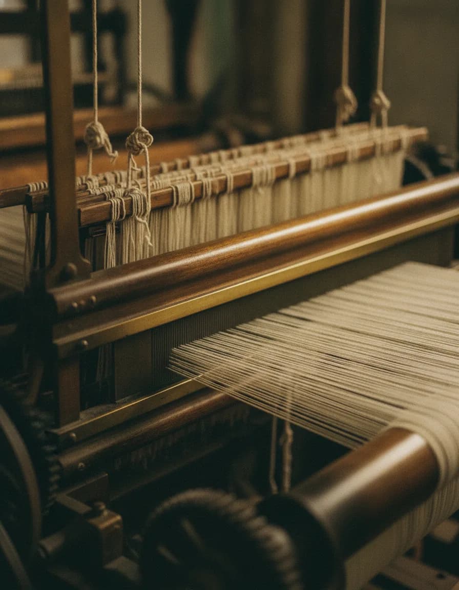 Warp threads passing through the reed of a cotton weaving loom